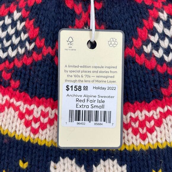 Marine Layer Archive Alpine Red Fair Isle Sweater XS NWT Wool Alpaca Blend - Picture 4 of 6